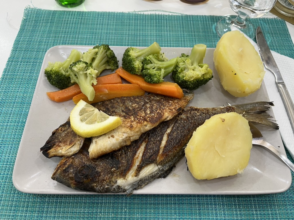 Restaurant plate filled with dourada (fish) cut in half and sauteed on a grill, a boiled potato cut in half, steamed broccoli and carrots, with a slice of lemon on top of the fish.